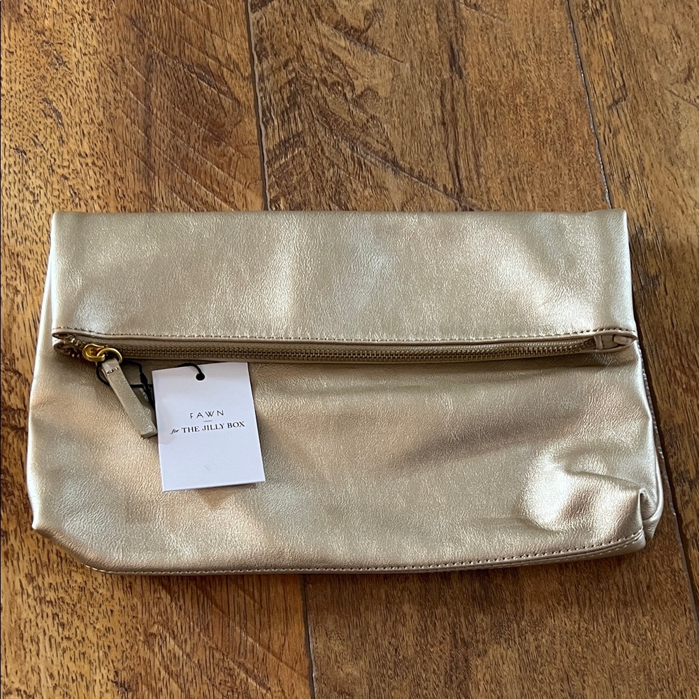 NWT Jilly Box x Fawn Design Gold Clutch